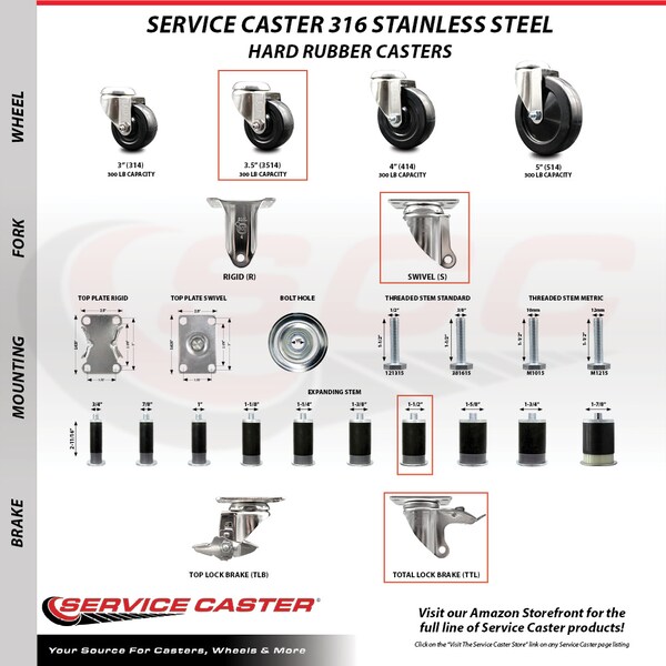 Service Caster 3.5 Inch 316SS Hard Rubber Wheel Swivel 1-1/2 Inch Stem Caster Set Lock Brake SCC-SS316TTLEX20S3514-HRS-112-4 - main